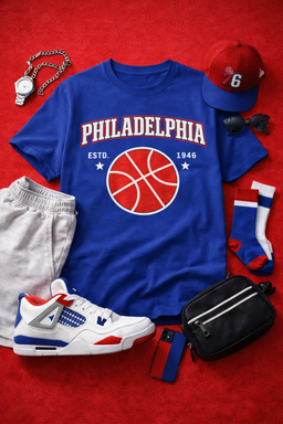 Blue t-shirt with 'Philadelphia' and basketball design, surrounded by accessories on a red background