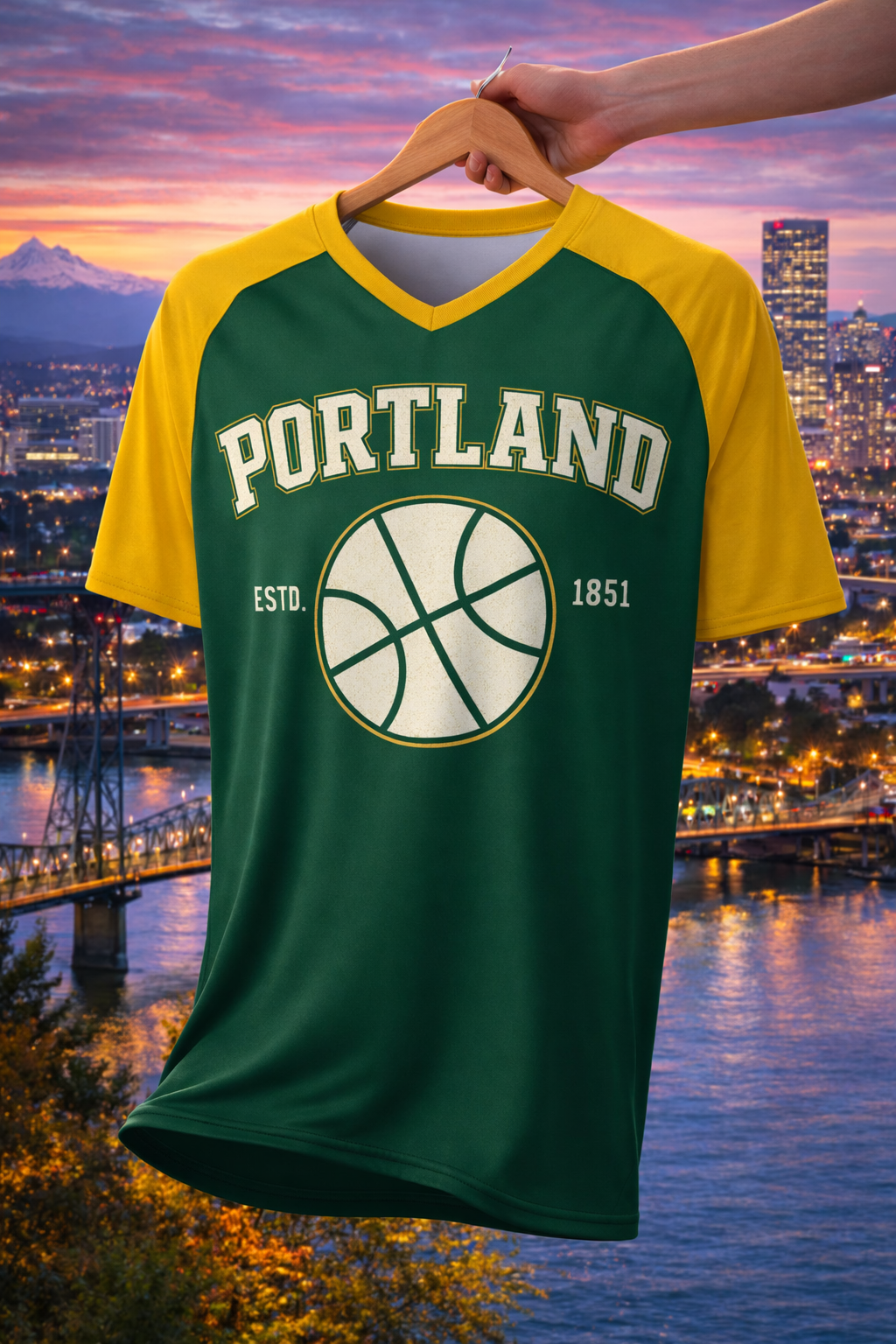 Black Portland Basketball Graphic T-Shirt in Green and Yellow – Varsity Sports Streetwear Tee