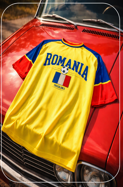 Yellow Romania sports jersey with red and blue accents on a red car