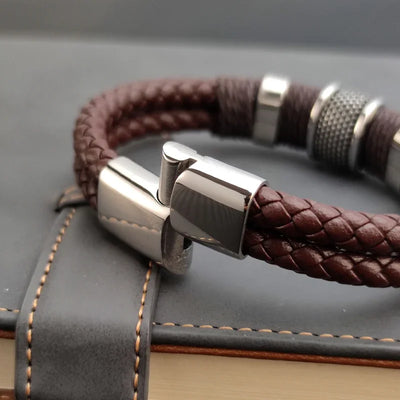 Light Slate Gray Luxury Vintage Multilayer Brown Leather Stainless Steel Men Bracelet Bead Bracelet Jewelry Male Wrist Bangle Christmas Gifts