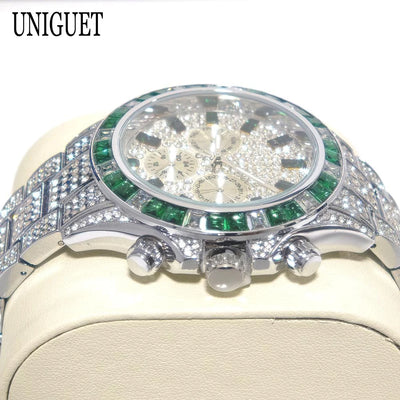 White Smoke Hot Fashion Green Watches Men Brand UNIGUET Luxury Stainless Steel Hip Hop Rainbow Diamond Quartz Wristwatch Male Dropshipping