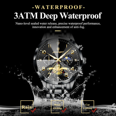Black POEDAGAR Luxury High Quality Man Wristwatch Chronograph Stainless Steel Quartz Men's Watches Waterproof Luminous Men Clock Reloj