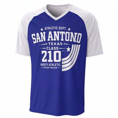 Blue and white sports jersey with 'San Antonio Texas Class 210' text on a white background