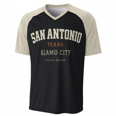 San Antonio Texas Alamo City Black and Cream Varsity T Shirt Men Athletic Raglan Tee – casual fan outfit, game day outfit, image 1.0