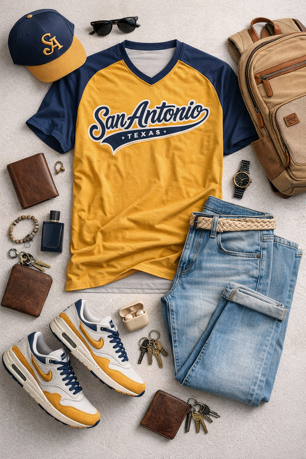 San Antonio Texas Yellow and Navy Blue Varsity T Shirt v