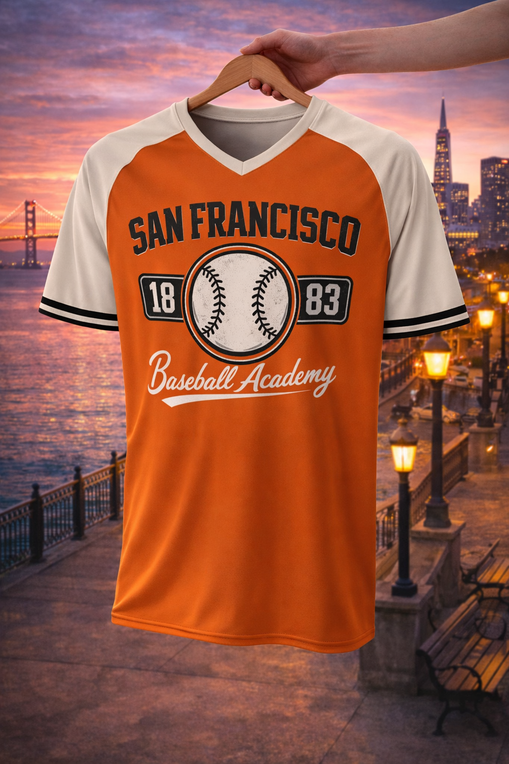 Orange and white baseball jersey with 'San Francisco Baseball Academy' text against a cityscape background.