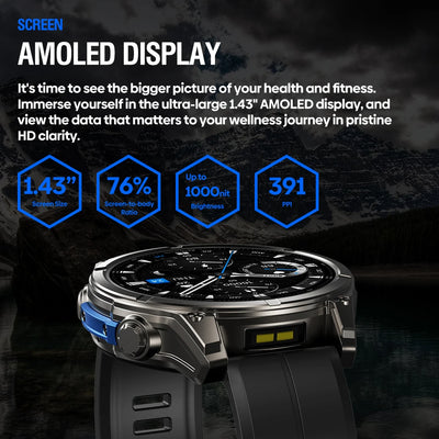 Black NEW 2025 Zeblaze VIBE 8 Voice Calling 1.43" AMOLED Display Smart Watch Built-in Flashlight Heart Rate Blood Pressure Smart Watch
