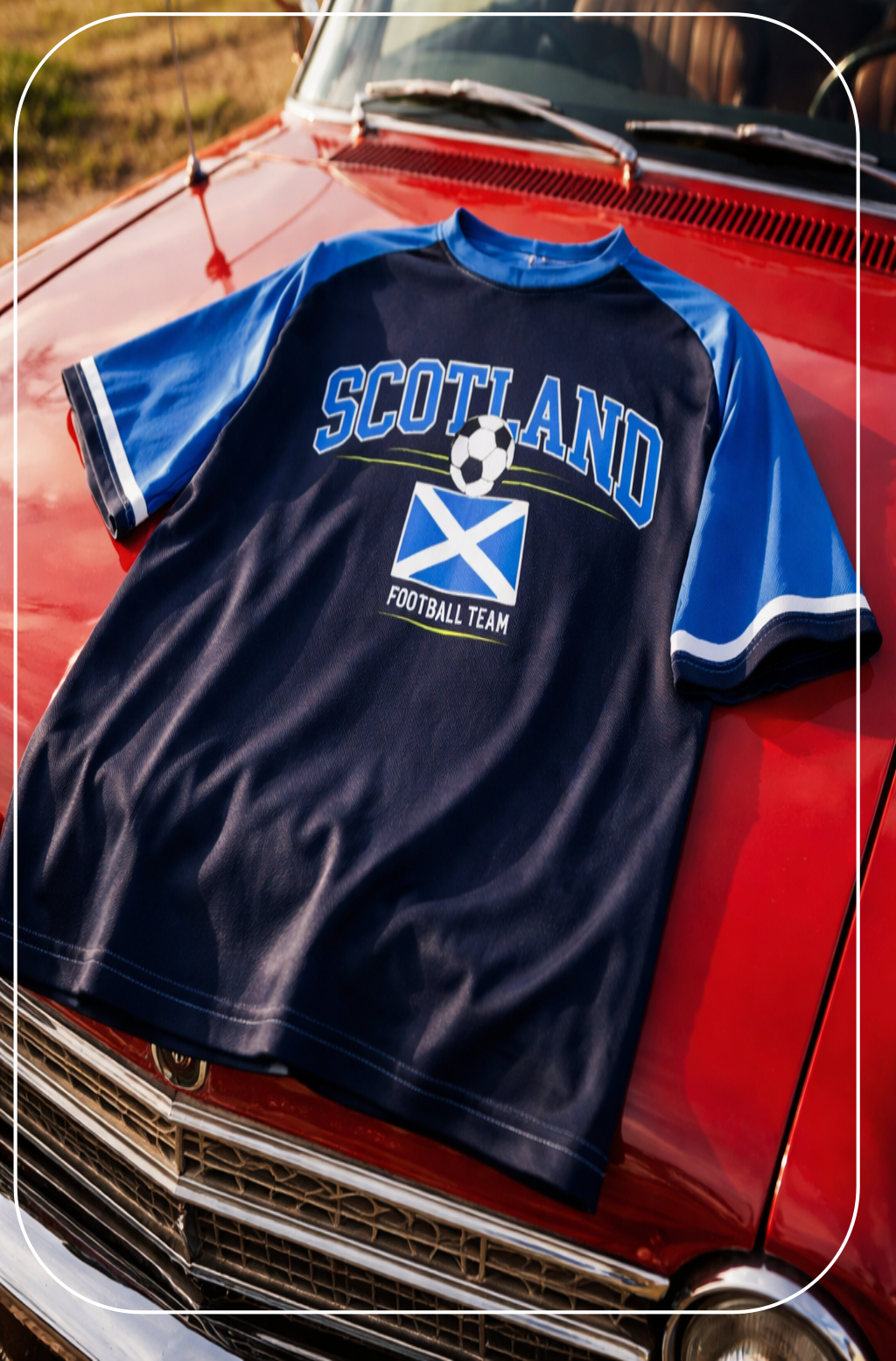 Scotland football team t-shirt on a red car