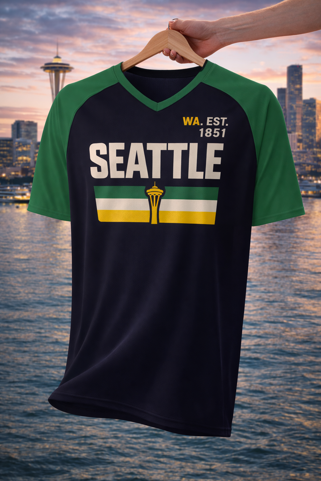 Black and green t-shirt with 'Seattle' text and Space Needle graphic, held up against a city skyline.