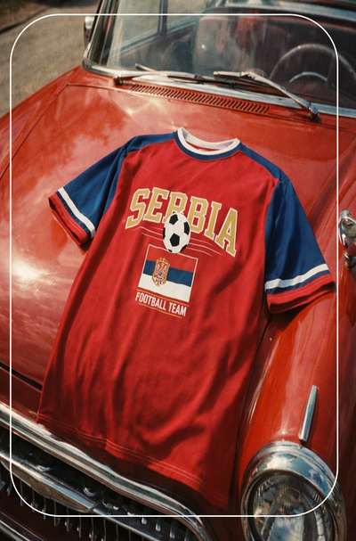 Red Serbia football team t-shirt on a vintage car
