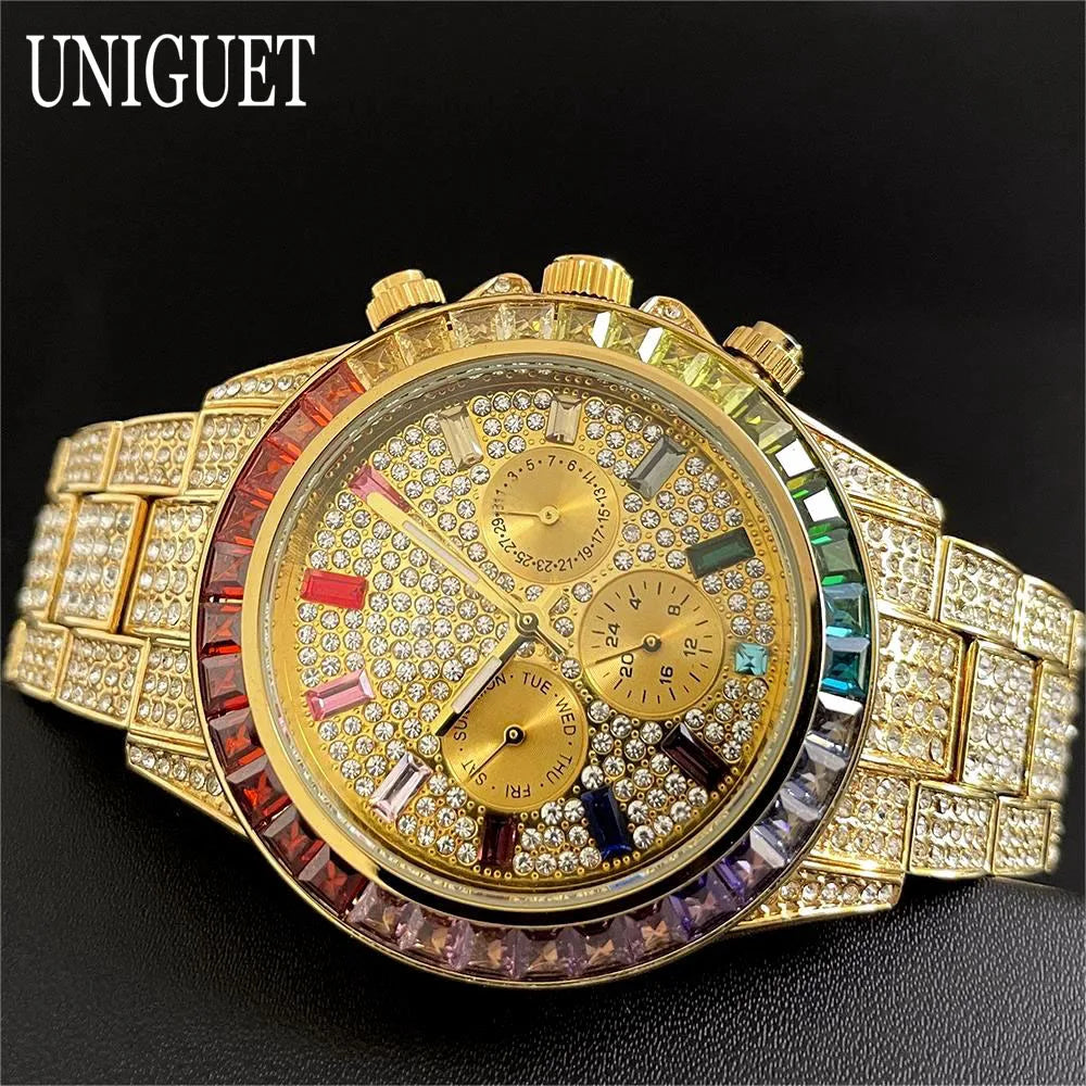 Black Hot Fashion Green Watches Men Brand UNIGUET Luxury Stainless Steel Hip Hop Rainbow Diamond Quartz Wristwatch Male Dropshipping