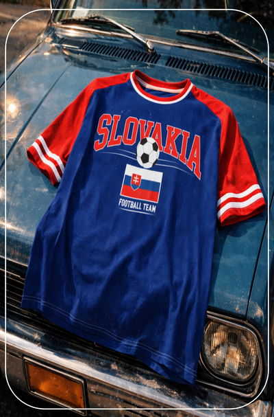 Blue and red Slovakia t-shirt on a vintage car