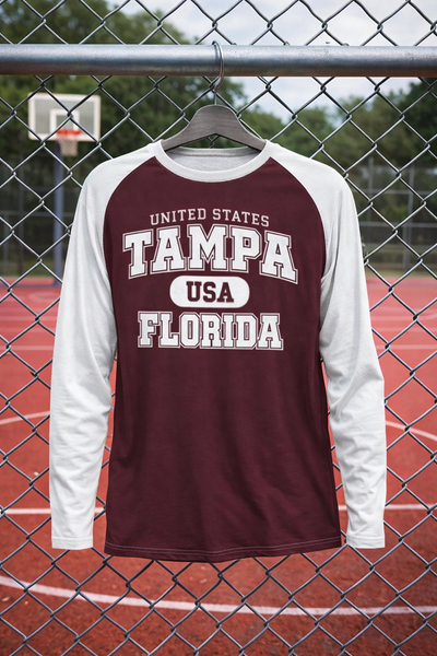 Dark Slate Gray Tampa Florida USA Burgundy and White Long Sleeve Shirt Men Varsity Raglan Tee