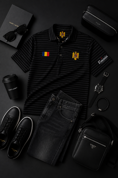 Black striped polo shirt with embroidered flags, sunglasses, coffee cup, jeans, and Prada bag on a dark surface.
