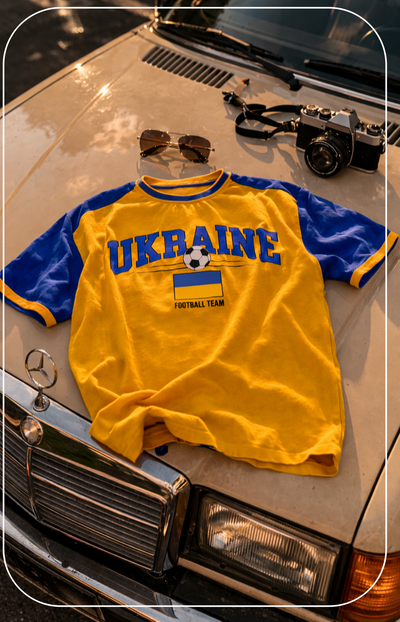 Yellow and blue 'Ukraine Football Team' jersey on a car hood with sunglasses and a camera.