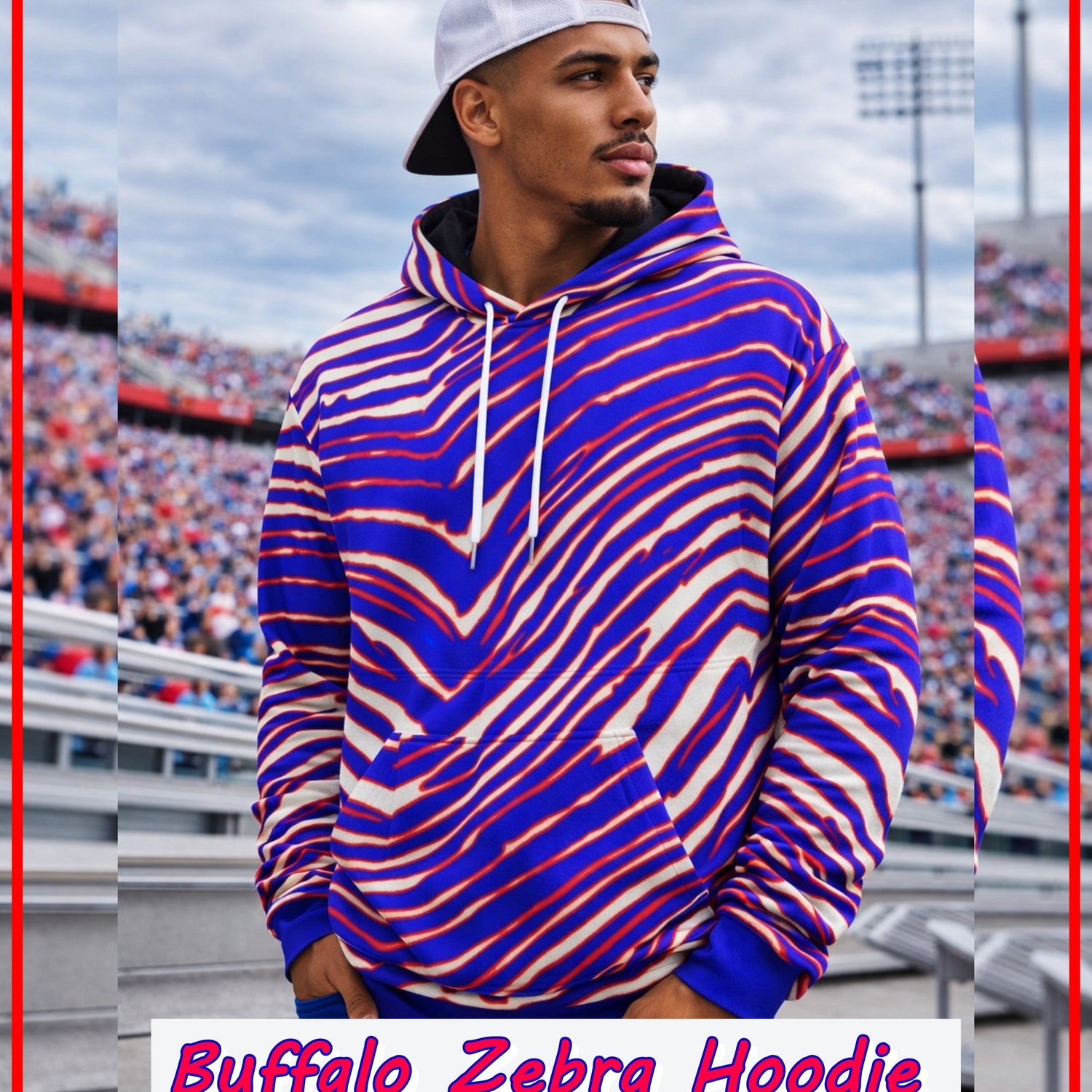 Buffalo Zebra Game Day Hoodie – Retro Football Style (Red Blue White)