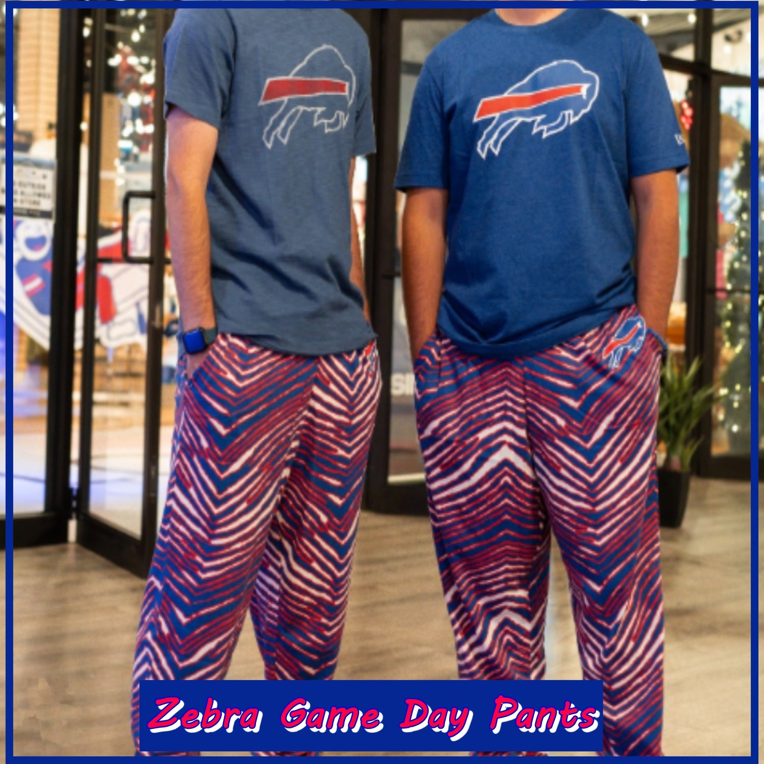 Buffalo Zebra Game Day Pants – Retro Football Style (Red Blue White)