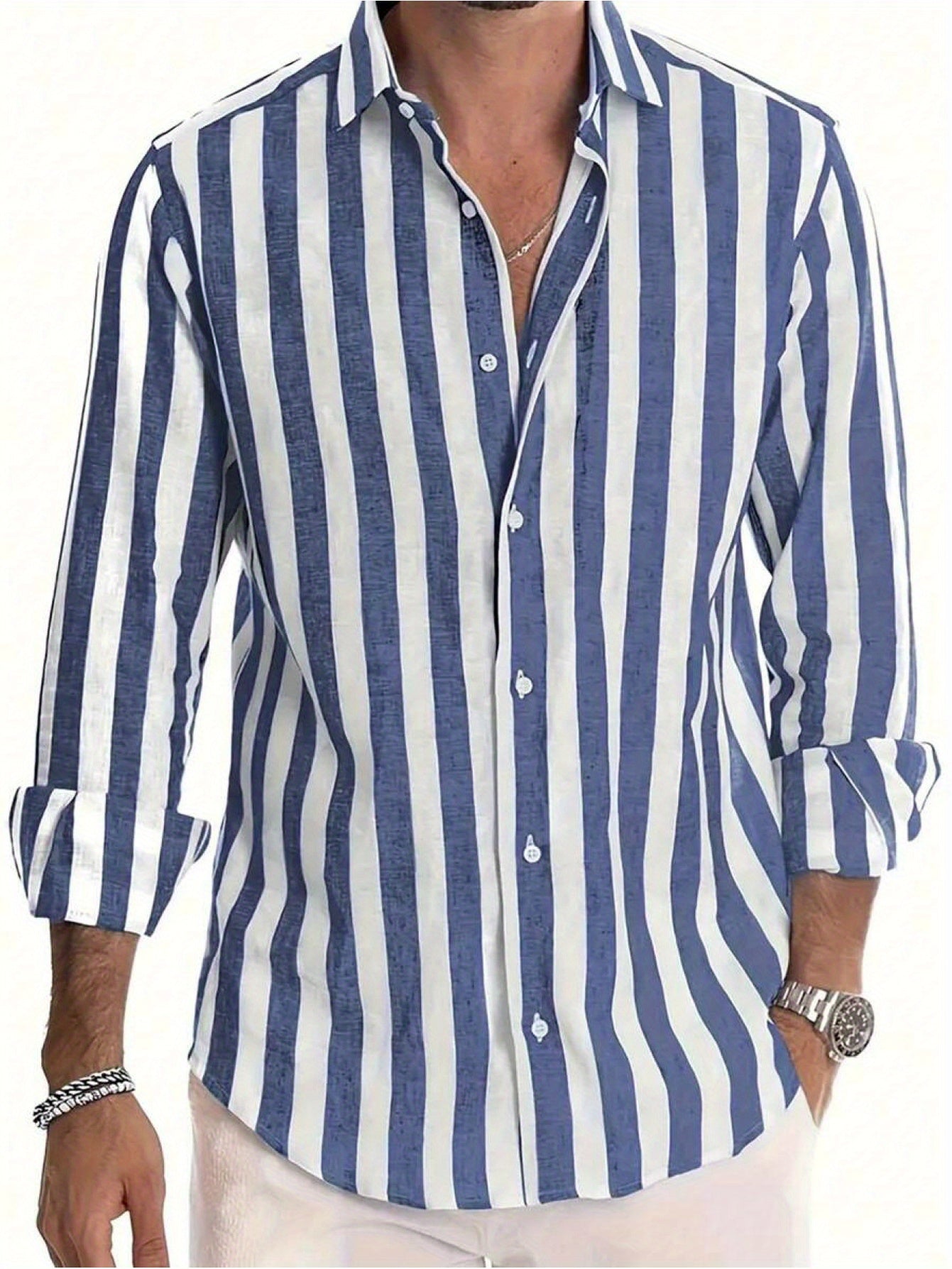 White Smoke Men's Casual Striped Long Sleeve Shirt with Turn- Collar and Buttons, Suitable for Dating, Beach, Vacation, Spring, Autumn, and Winter Seasons