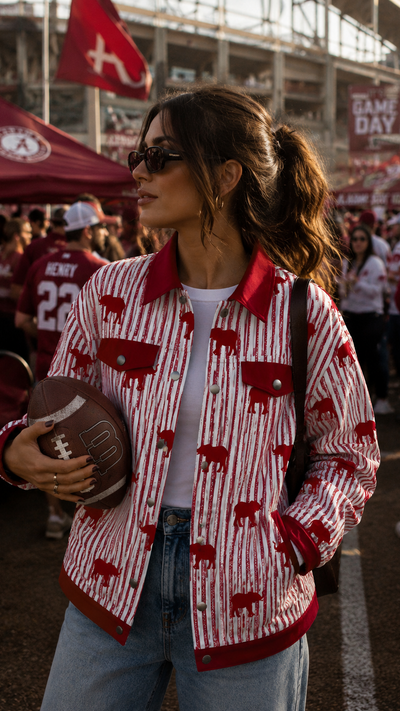 Woman in a red and white jacket with animal patterns at a sports event