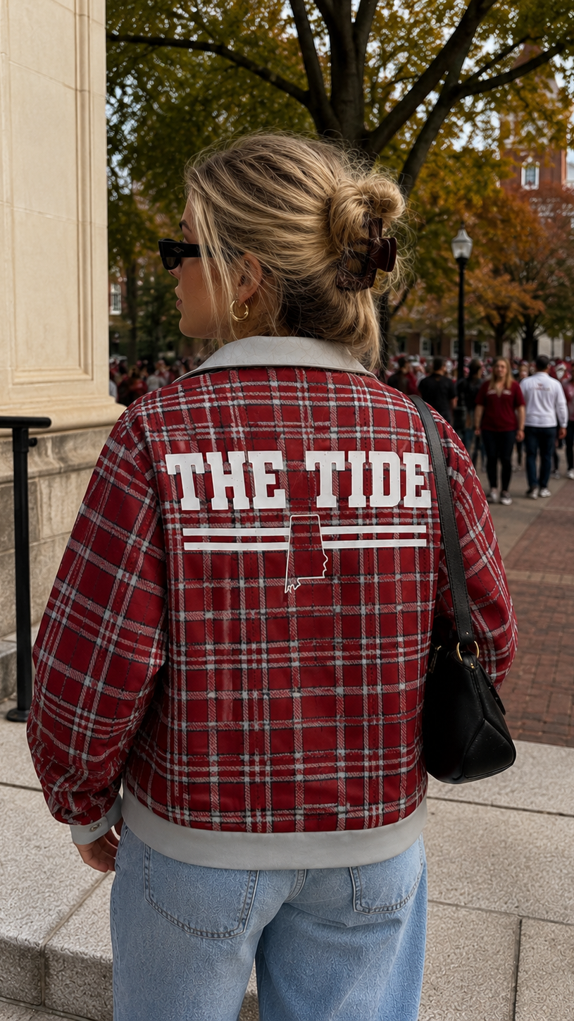 Person wearing a red plaid jacket with 'THE TIDE' on it, standing outdoors.
