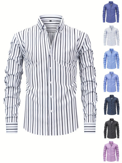 White Smoke Men'S Classic Fashion Print Long Sleeve Shirt | Striped Digital Print, Square Neck, Single Breasted, Suitable for Casual Outdoor and Formal Occasions, All-Season, Multiple Colors Available, Ideal for Holiday Gifts