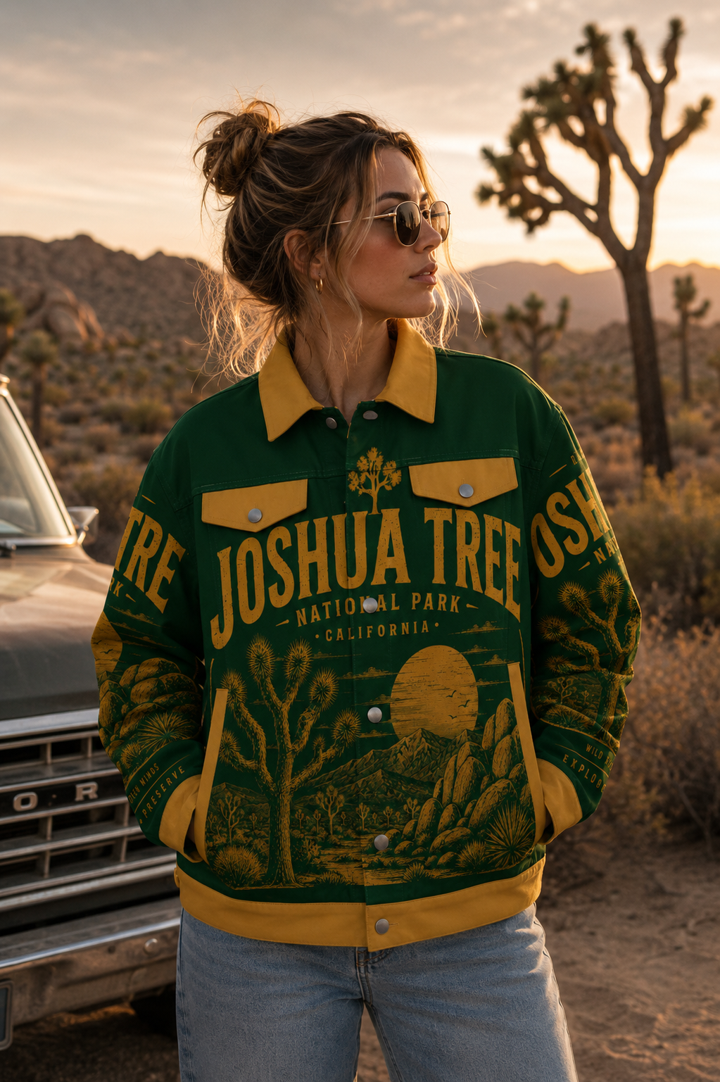 Joshua Tree National Park Vintage Green Jacket – Retro Desert Outdoor Streetwear Bomber