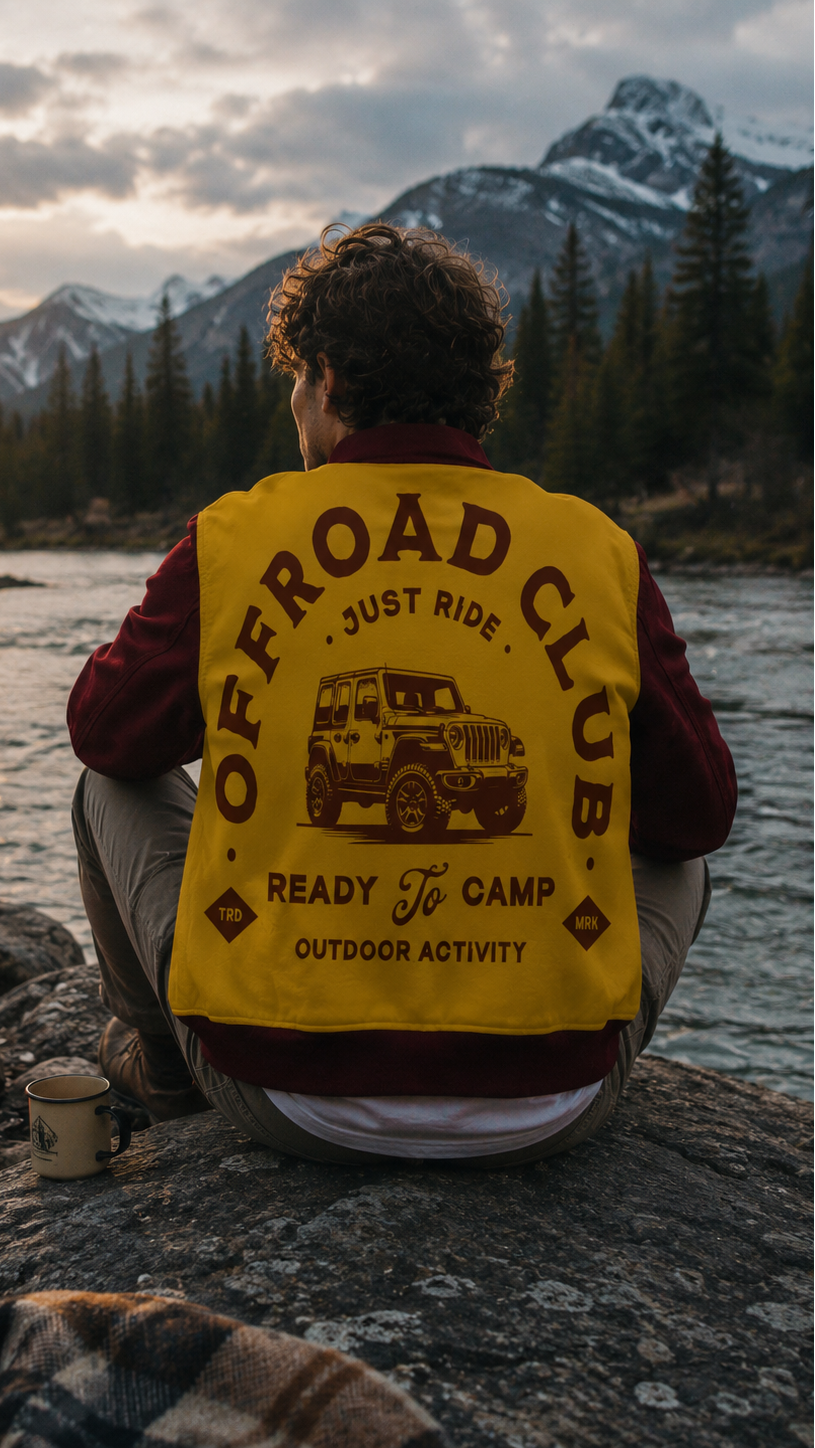 Person wearing an 'Offroad Club' vest sitting by a campfire with mountains in the background