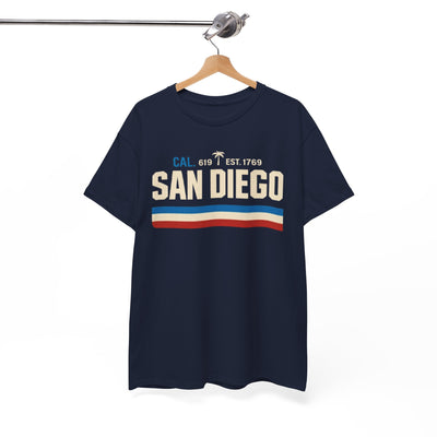 White Smoke San Diego Retro Striped Tee — "San Diego" Vintage Palm California T-Shirt