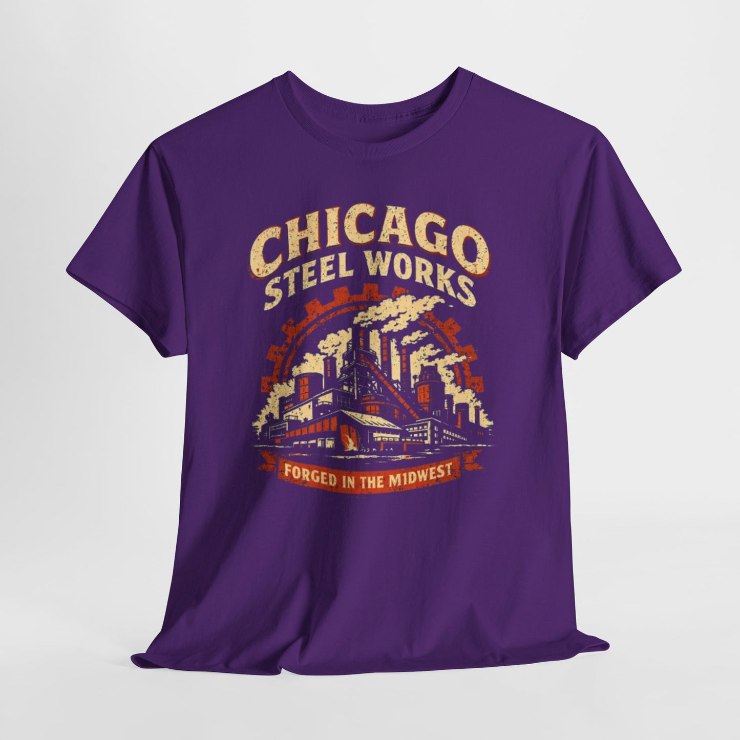 Lavender Chicago Steel Works Tee — "Forged in the Midwest" Vintage Industrial T-Shirt