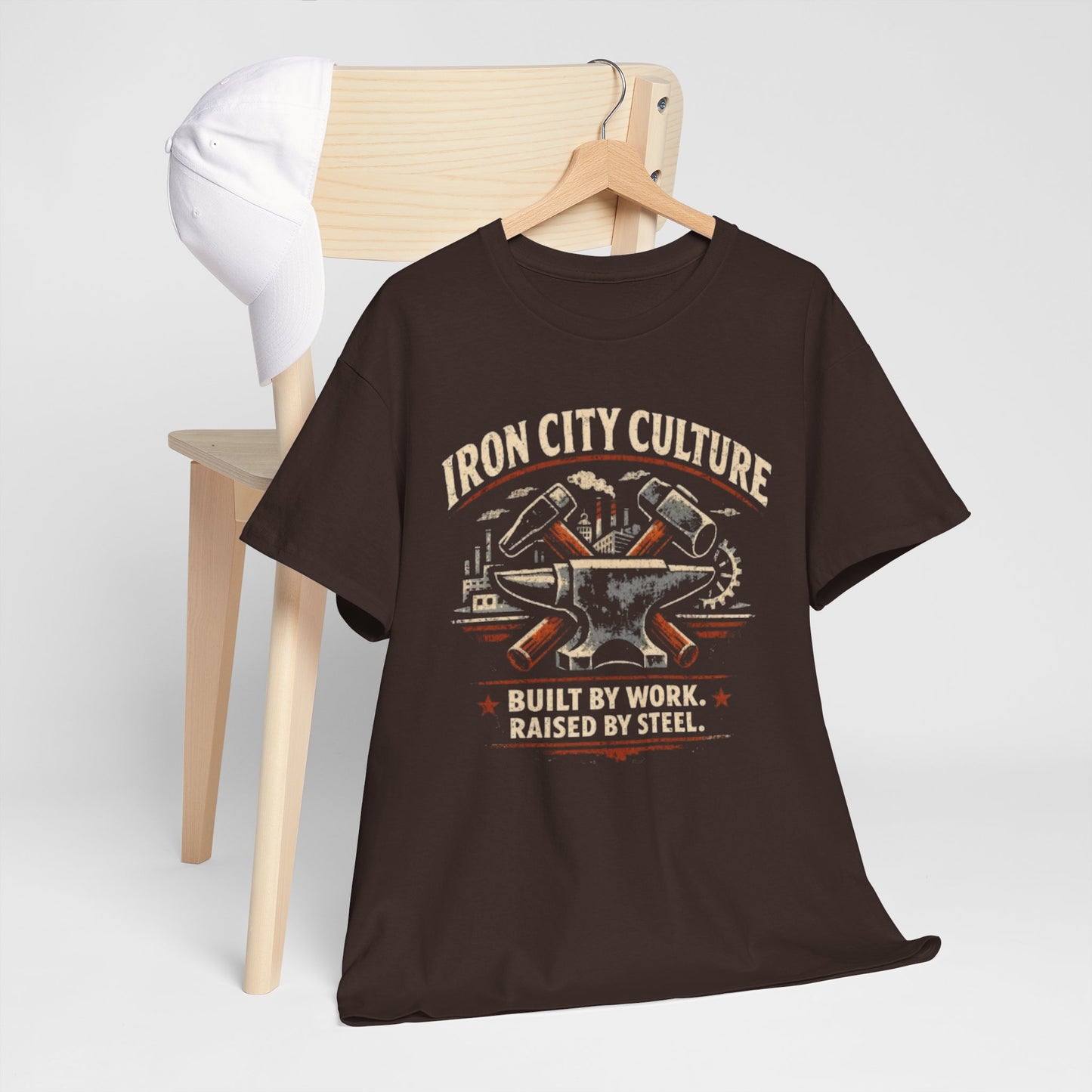 Dark Slate Gray Iron City Culture Built by Work Raised by Steel T-Shirt – Industrial Worker Vintage Graphic Tee