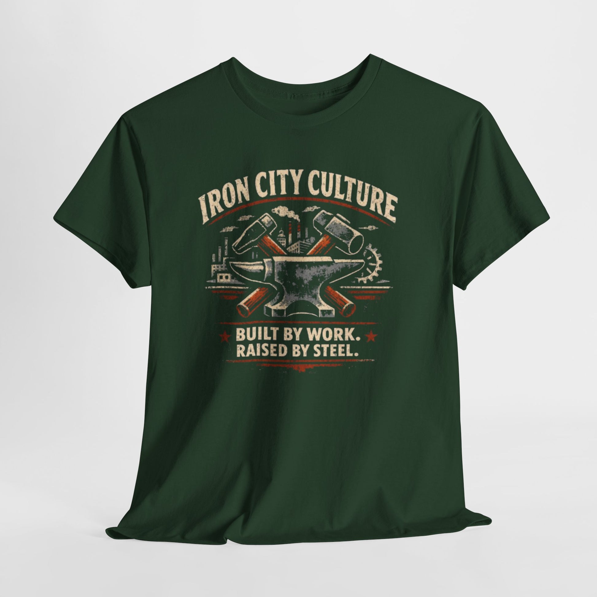 Dark Slate Gray Iron City Culture Built by Work Raised by Steel T-Shirt – Industrial Worker Vintage Graphic Tee