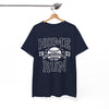 Navy blue t-shirt with white text and graphics on a hanger against a white background