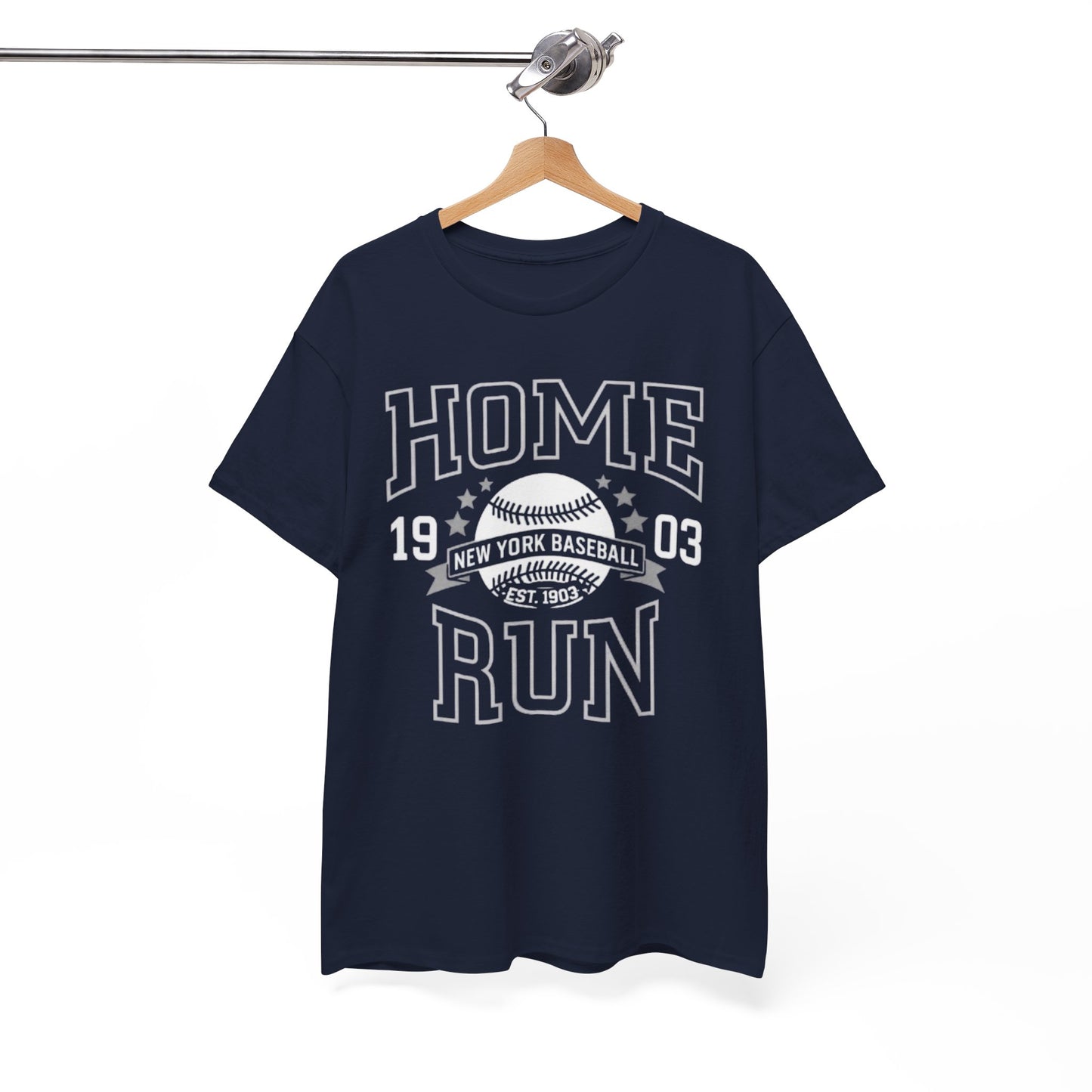 Navy blue t-shirt with white text and graphics on a hanger against a white background