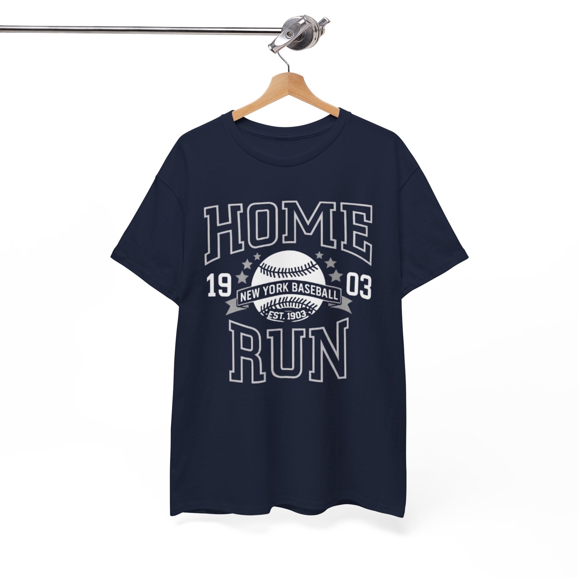 Navy blue t-shirt with white text and graphics on a hanger against a white background