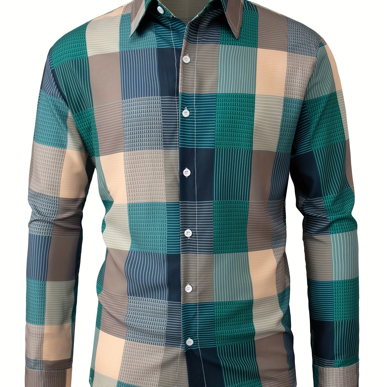 White Smoke Men'S Casual Lapel Collar Shirt | Loose Fit, Long Sleeve, Plaid Pattern, Single Breasted, Non-Stretch Fabric, Ideal for Daily and Semi-Formal Wear, Hand Washable