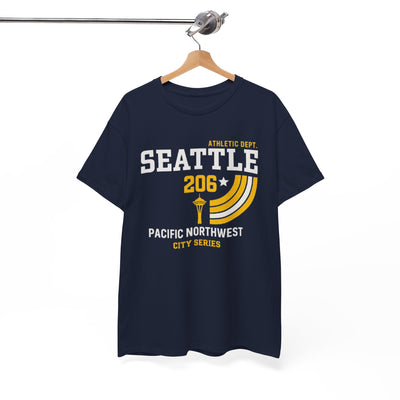 Navy blue t-shirt with 'Seattle 206' graphic on a hanger against a white background