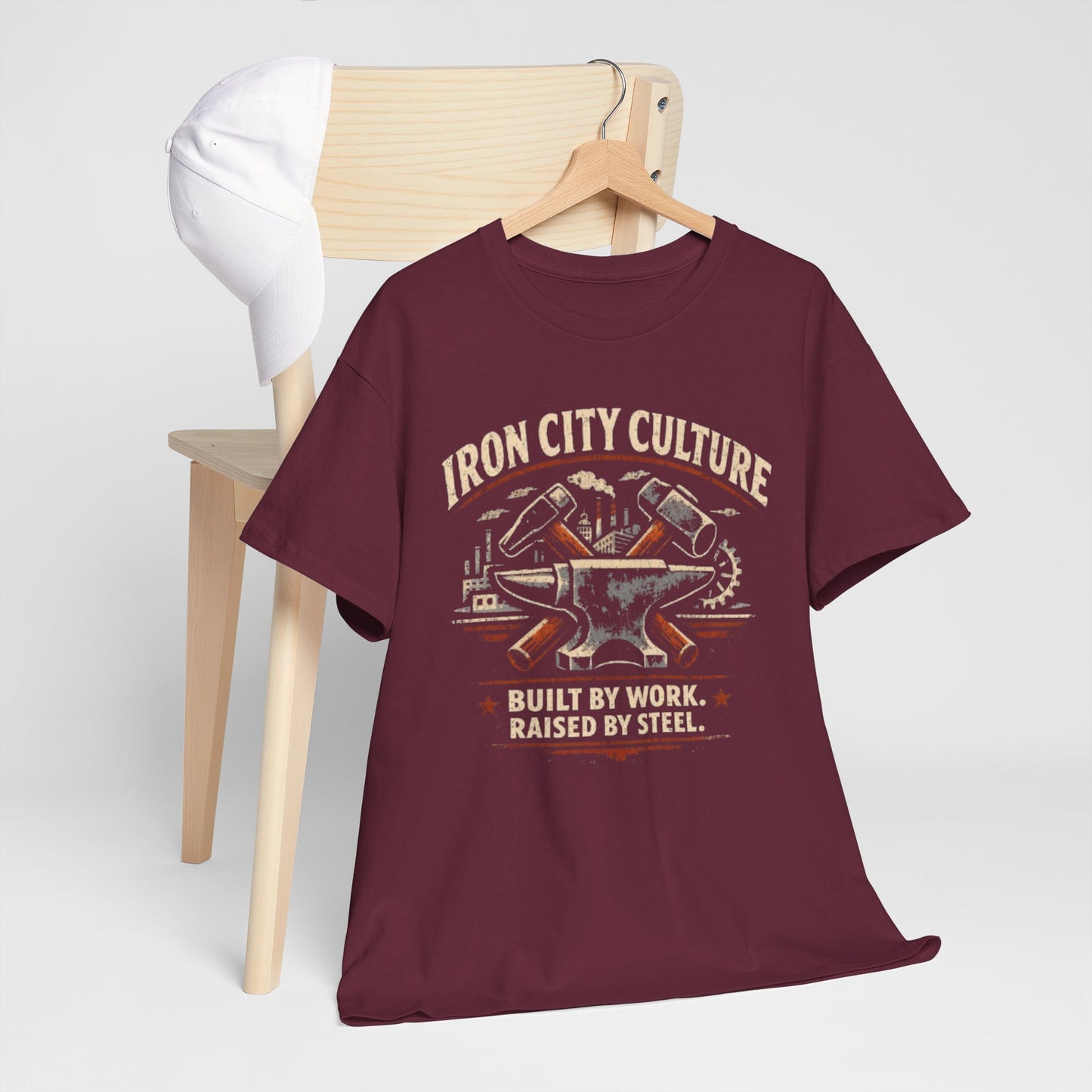Dark Slate Gray Iron City Culture Built by Work Raised by Steel T-Shirt – Industrial Worker Vintage Graphic Tee