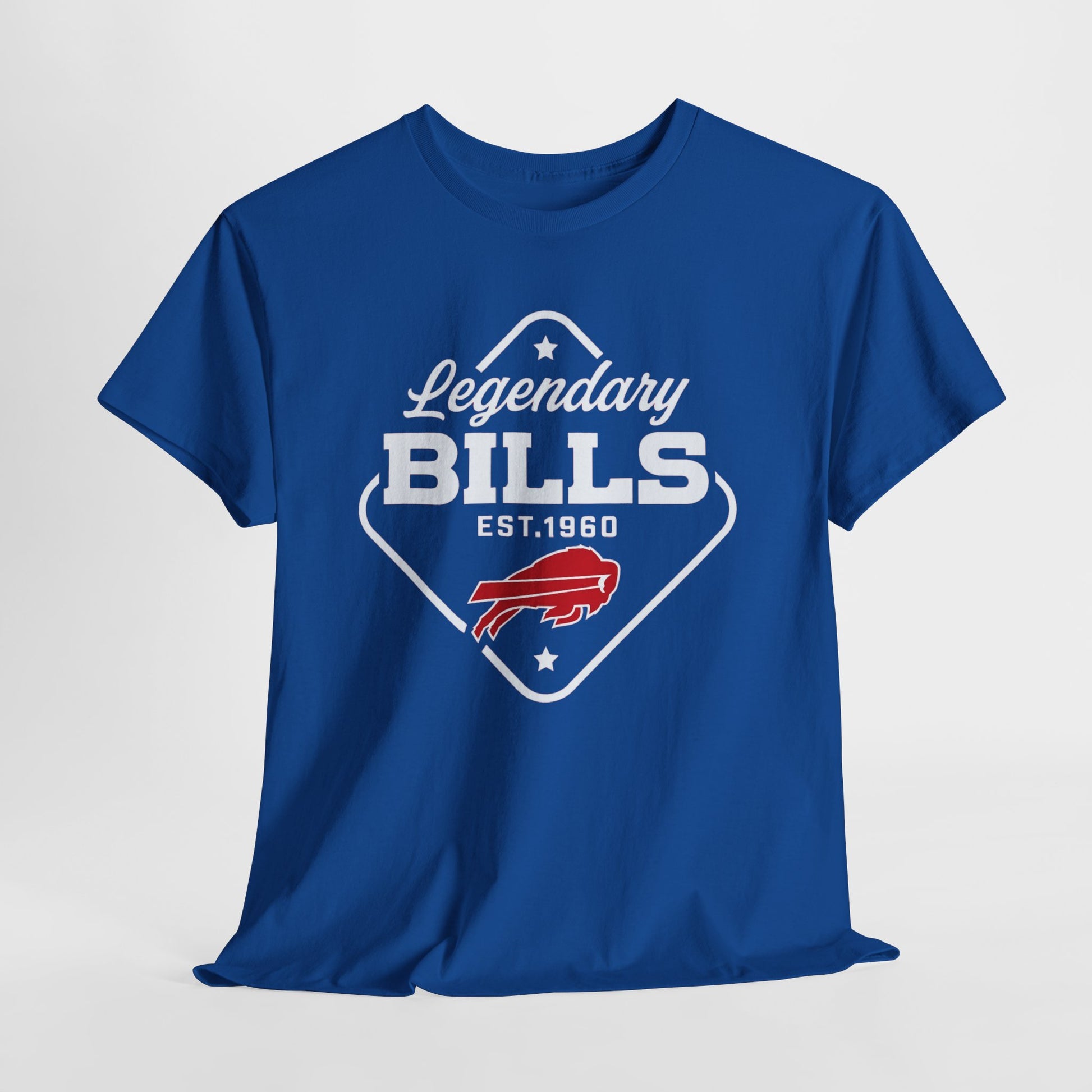 Blue t-shirt with 'Legendary Bills' graphic on a light gray background
