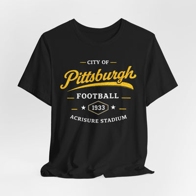 Black Pittsburgh Football Tee - City of Pittsburgh 1933 Acrisure Stadium T‑Shirt