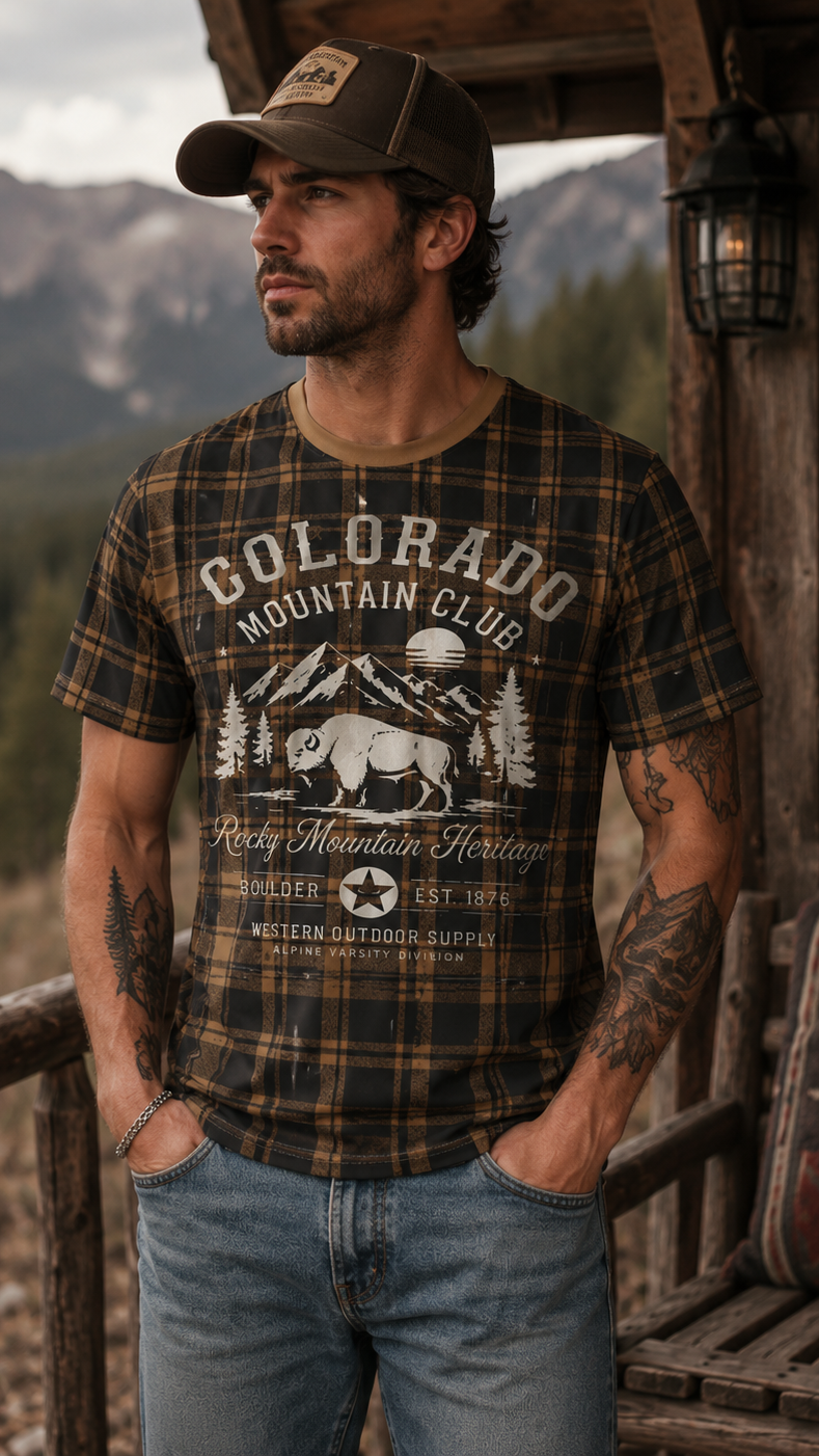 Man wearing a 'Colorado Mountain Club' t-shirt standing on a wooden deck with mountains in the background