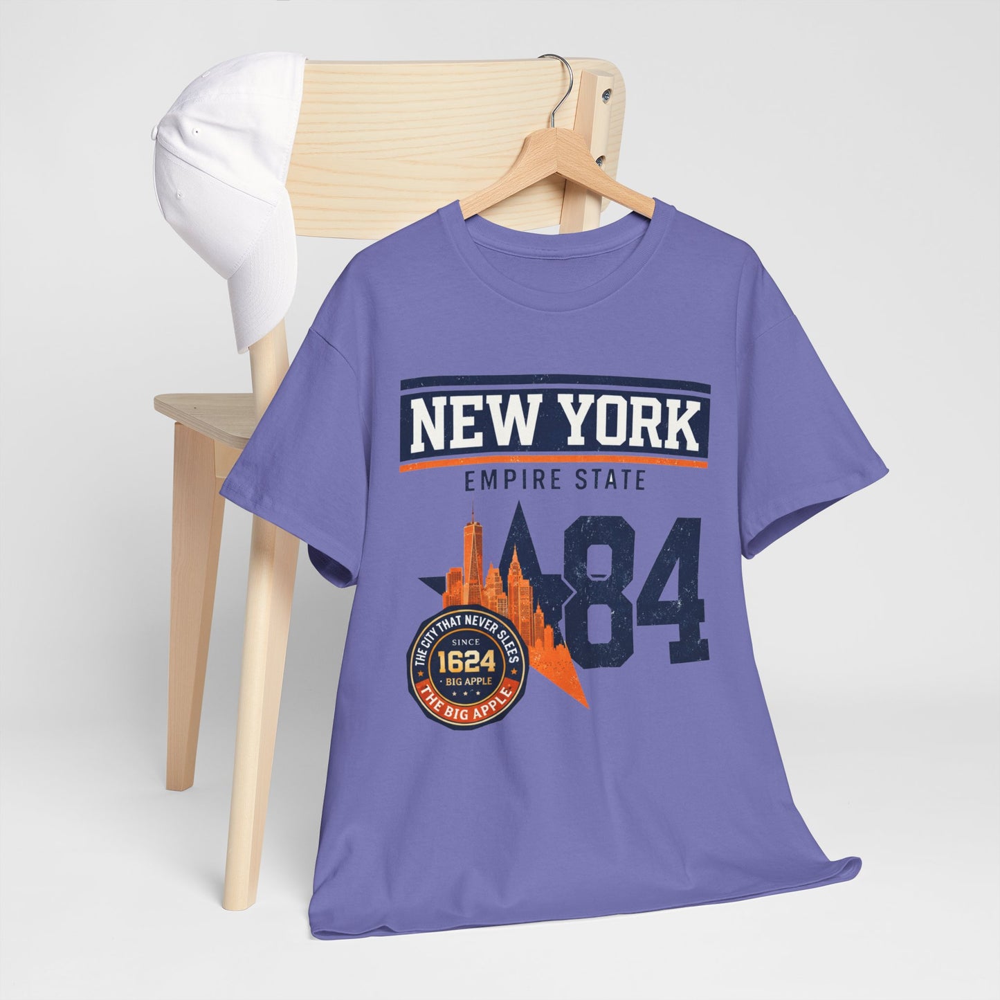 Lavender New York Empire State '84 Graphic Tee — Vintage City Skyline T‑Shirt