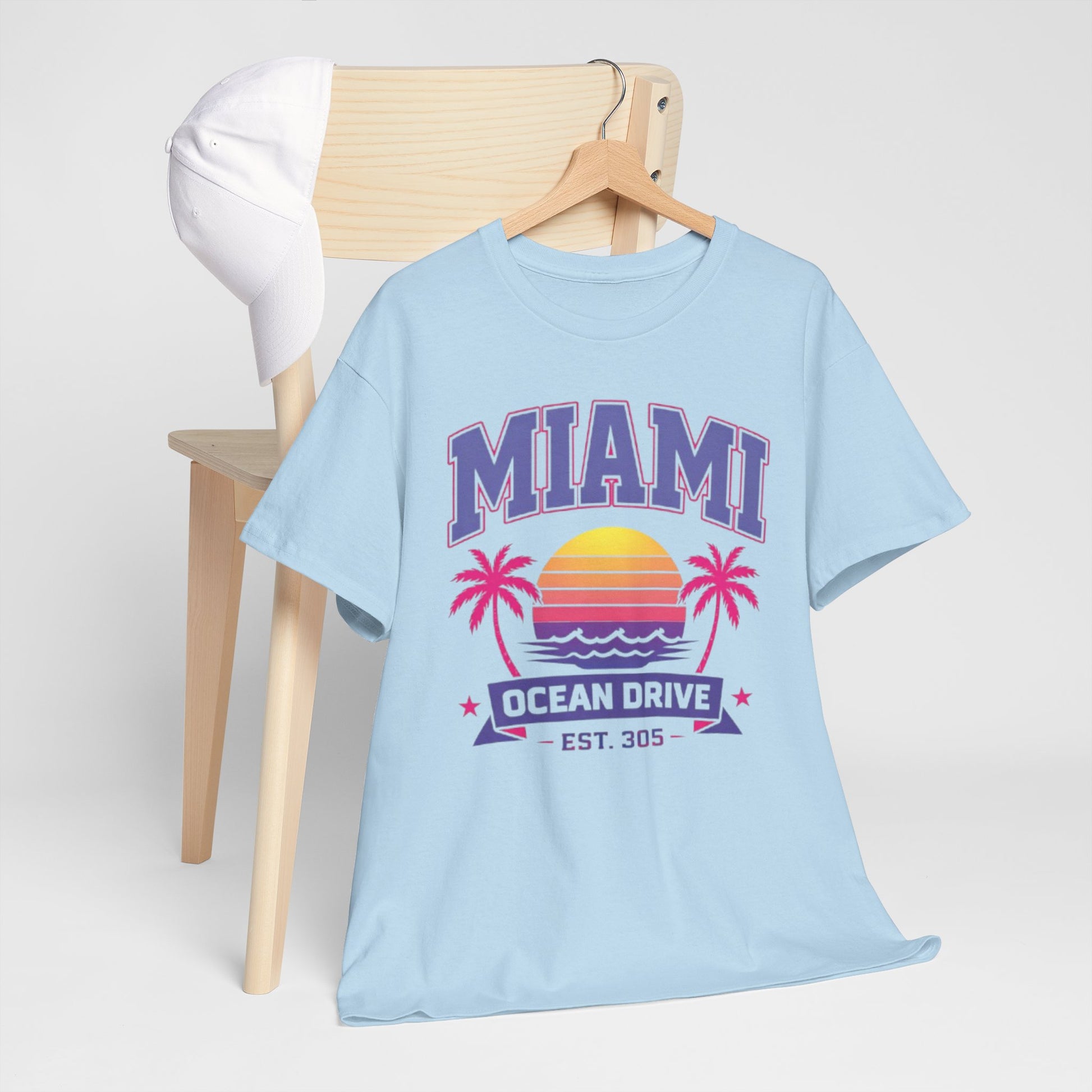 Light Blue Miami Ocean Drive Est. 305 Graphic T-Shirt – Retro Sunset Beach Streetwear Tee