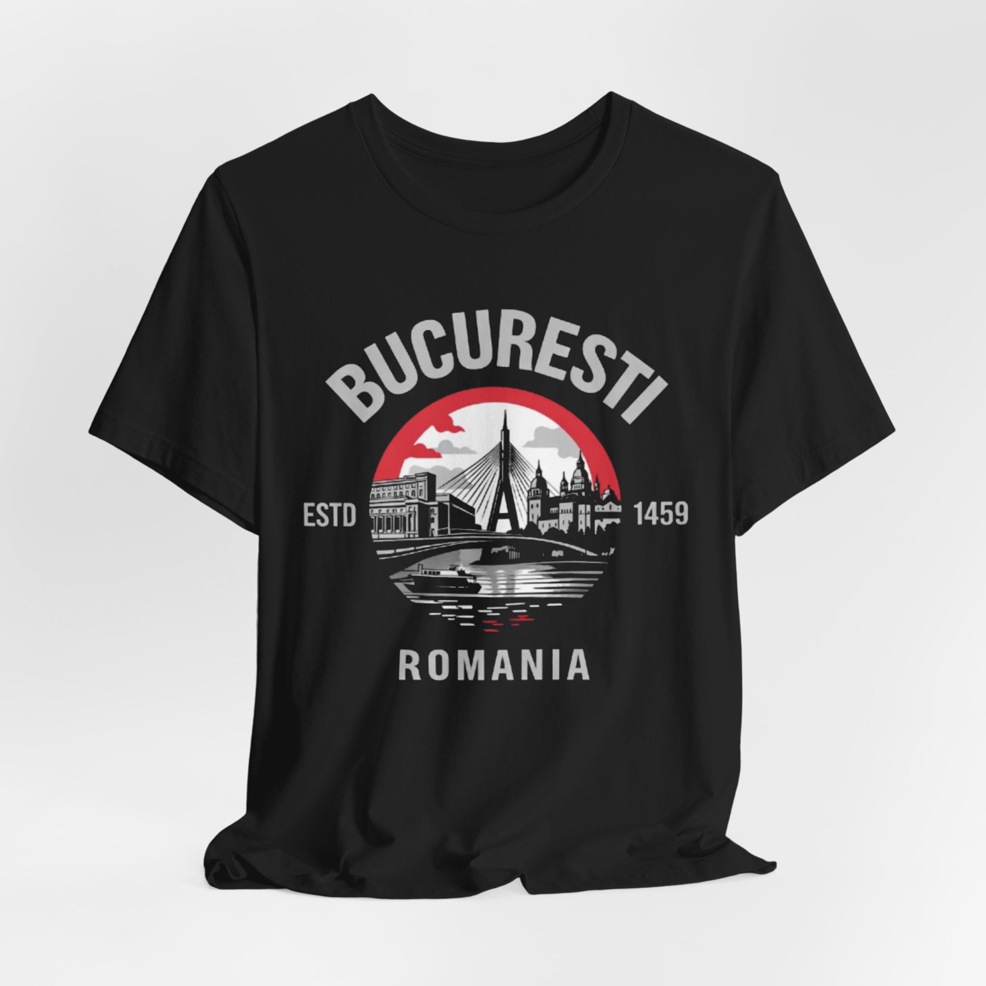 Tricou București România Vintage Cityscape — Tricou suvenir București Înființat în 1459 – lightweight game day shirt, football shirt, image 1.0