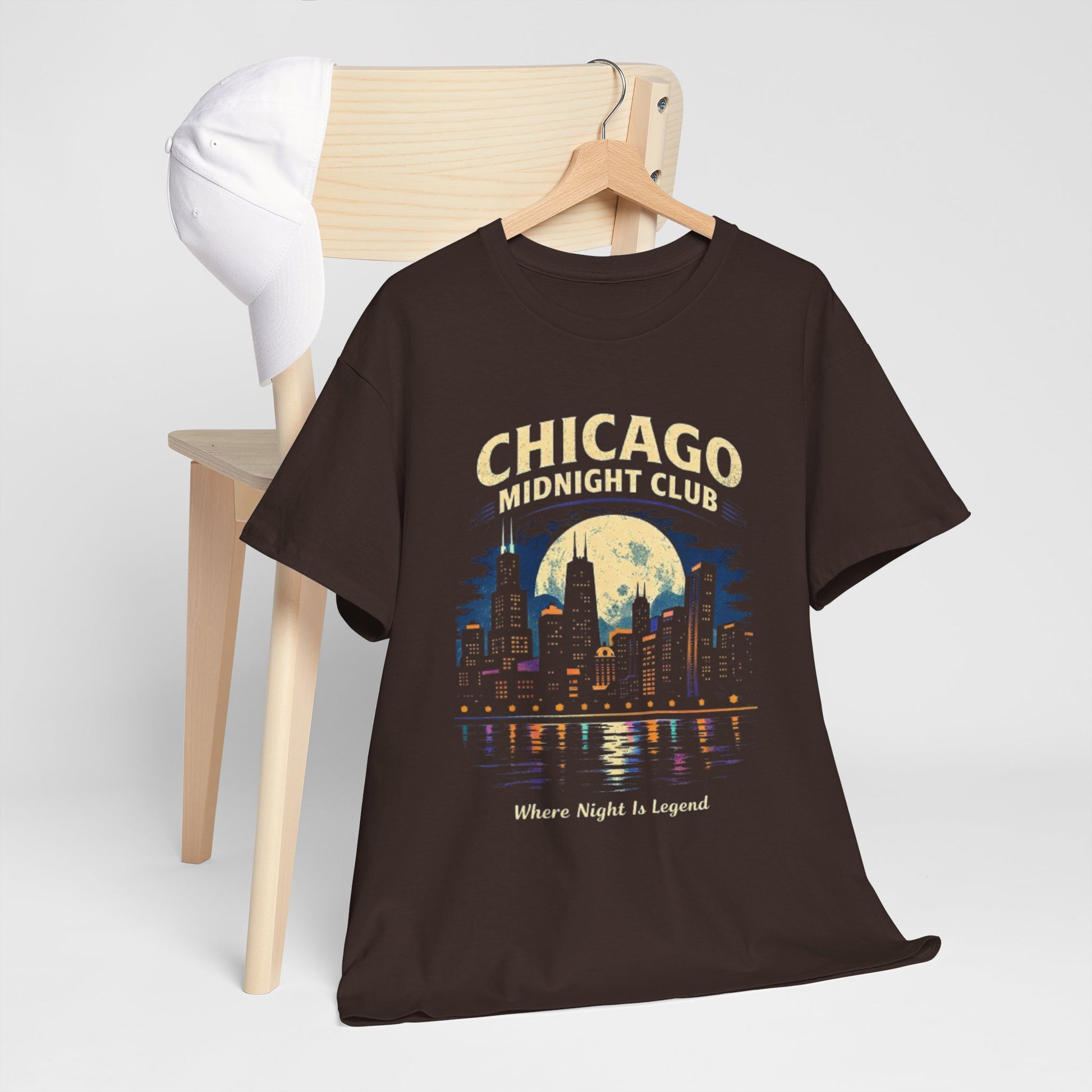 Dark Slate Gray Chicago Midnight Club T‑Shirt – Retro City Skyline "Where Night Is Legend"
