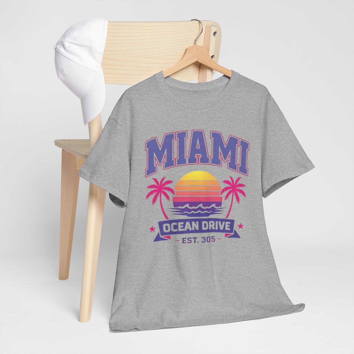 Dark Gray Miami Ocean Drive Est. 305 Graphic T-Shirt – Retro Sunset Beach Streetwear Tee