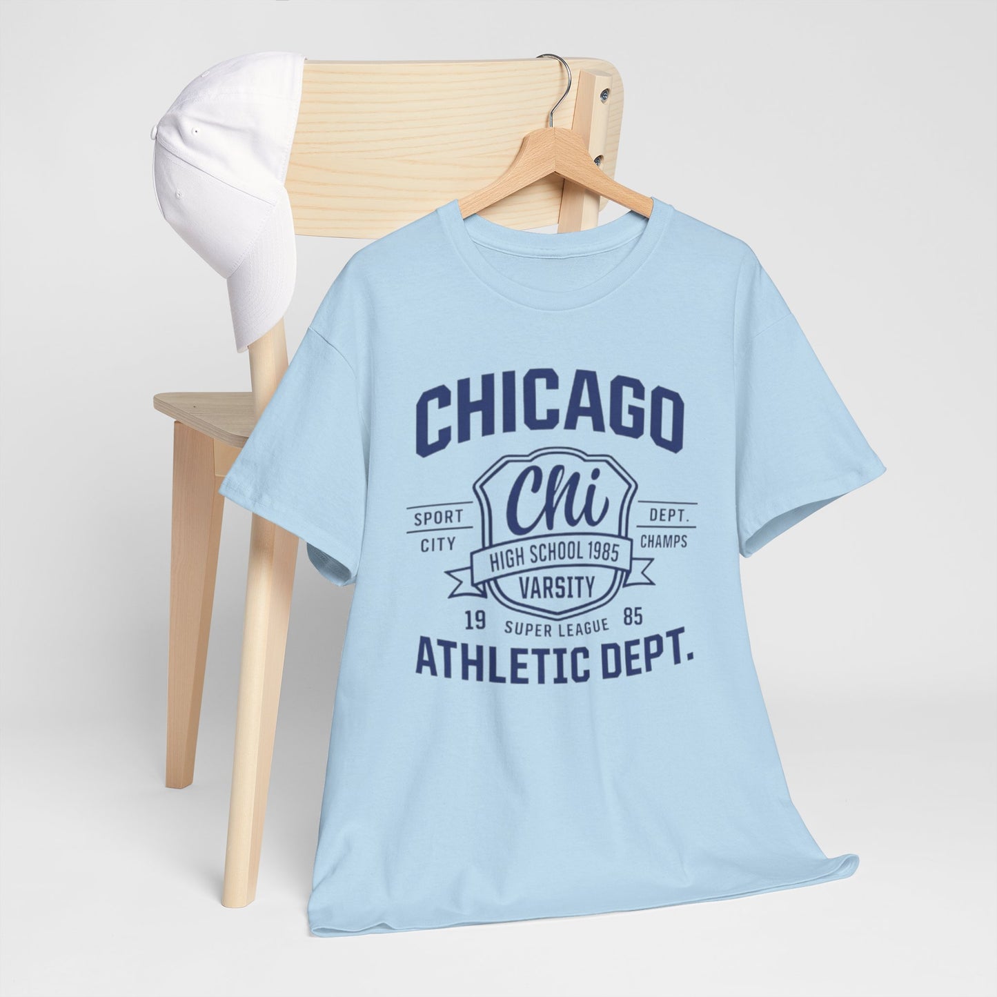 Light Blue Chicago Athletic Dept. Tee — Varsity Chi Vintage Sports T‑Shirt
