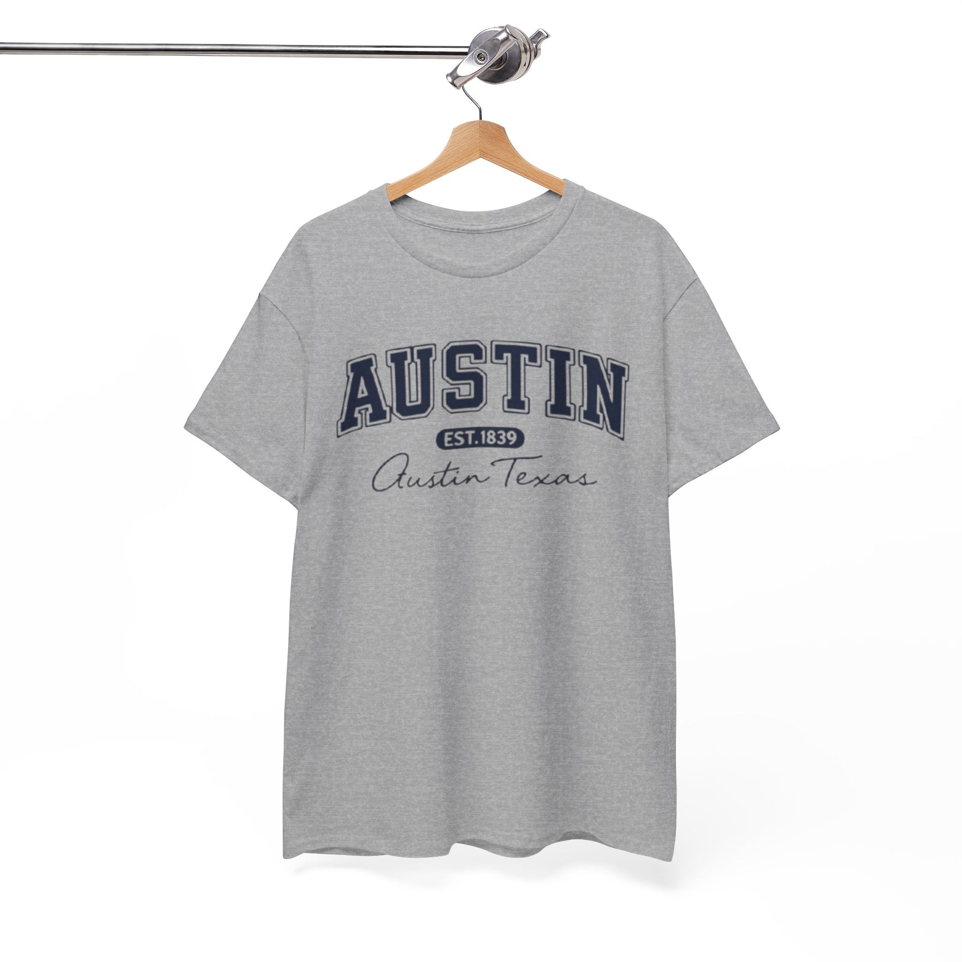 White Smoke Austin Script College Tee – Austin, Texas Graphic T-Shirt