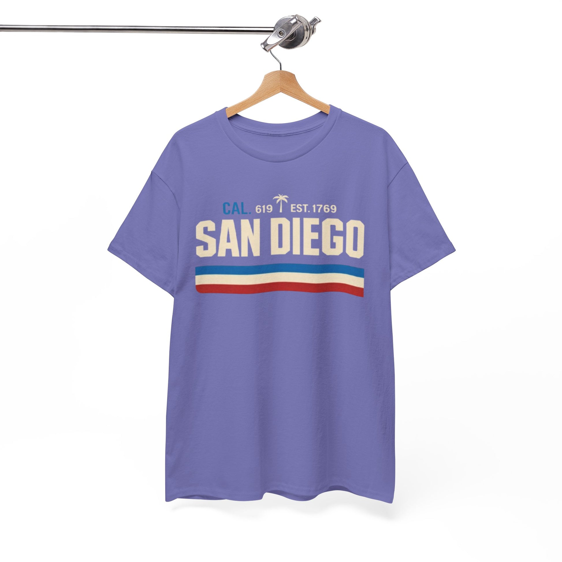 White Smoke San Diego Retro Striped Tee — "San Diego" Vintage Palm California T-Shirt