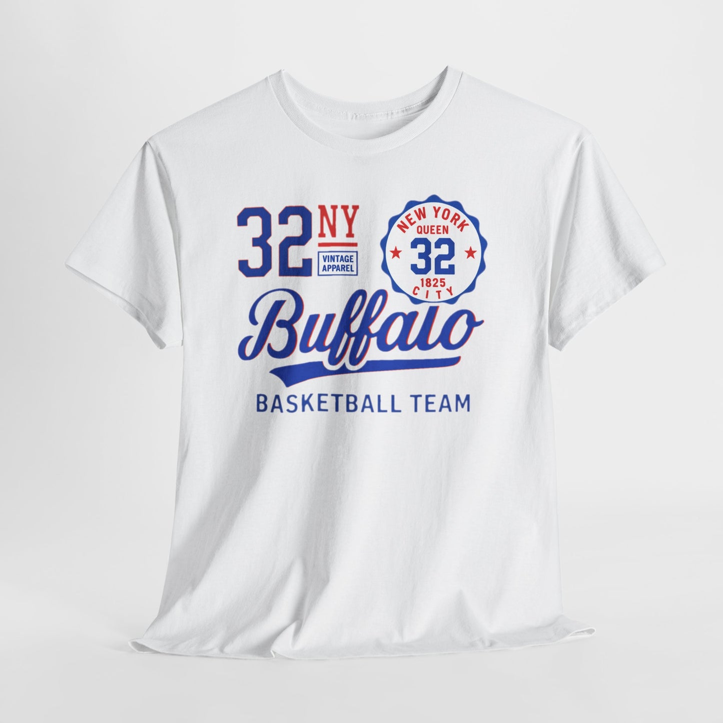 White t-shirt with 'Buffalo Basketball Team' text and design on a white background