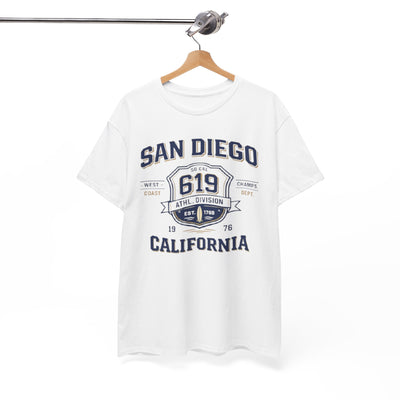 White Smoke San Diego 619 California Tee — Vintage Athletic City T‑Shirt